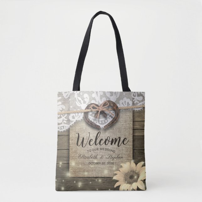 Hufeisen Herzsonnenblütenhochzeit Begrüßung Tasche (Vorderseite)
