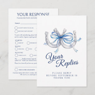 Hufeisen-Hochzeitsmenüwahl mit blauem Band RSVP Karte
