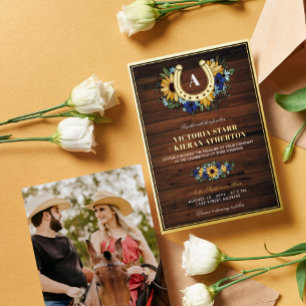 Hufeisen-Monogramm Sonnenblumen Blaue Holz Hochzei Folieneinladung
