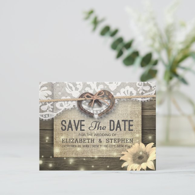 Hufeisen Sonnenblumen Land Hochzeit Save the Date Postkarte (Stehend Vorderseite)