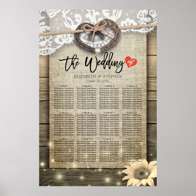 Hufeisen Sonnenblumen Wood Wedding Seating Charts Poster (Vorne)