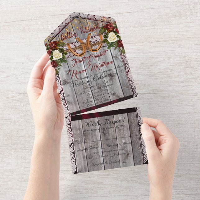 Hufeisen & Spitzen Gettin' Hitched Wedding All In One Einladung (Abreißen)