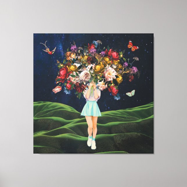 Huge Bouquet Girl Dark Sky Surreal Collage Leinwanddruck (Vorderseite)