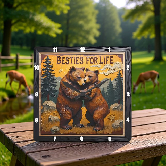 Hugging Bears Sunset Forest Quadratische Wanduhr (Von Creator hochgeladen)