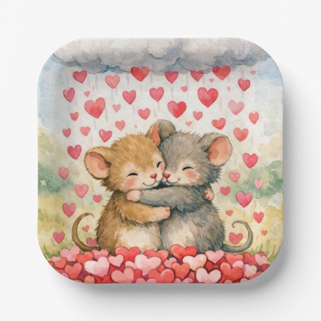 Hugging Mice Under a Cloud of Hearts Pappteller (Vorderseite)