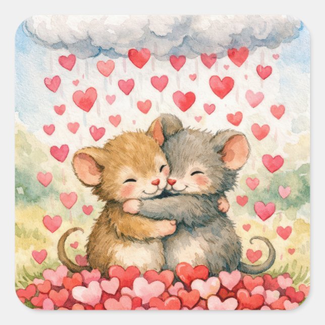Hugging Mice Under a Cloud of Hearts Quadratischer Aufkleber (Vorderseite)