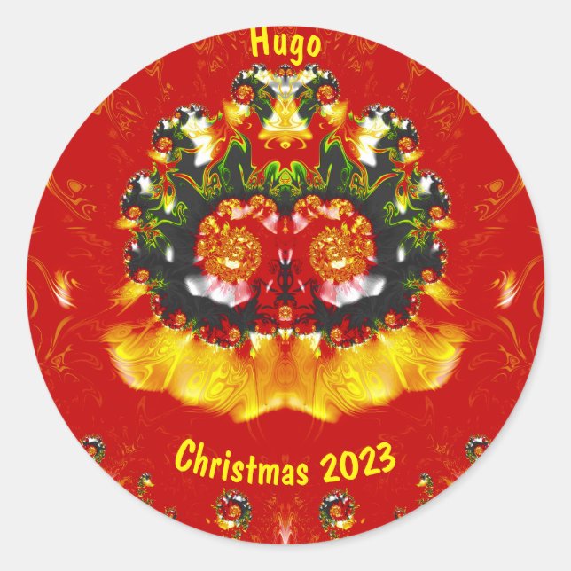 HUGO ~ CHRISTMAS Rotes Gelbes Fraktal ~ Runder Aufkleber (Vorderseite)