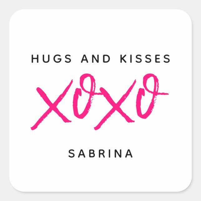Hugs and Kisses Pink & Black Valentine's Day Quadratischer Aufkleber (Vorderseite)