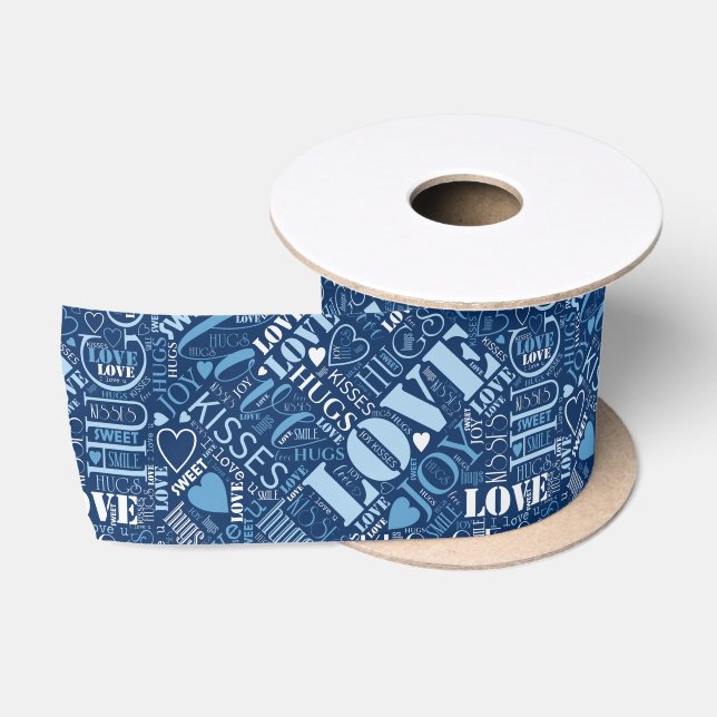 Hugs and Kisses Word Cloud Blue ID286 Satinband (Spule)
