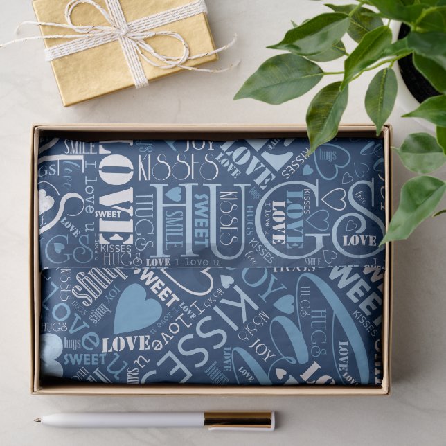 Hugs and Kisses Word Cloud Blue ID286 Seidenpapier (Geschenk)
