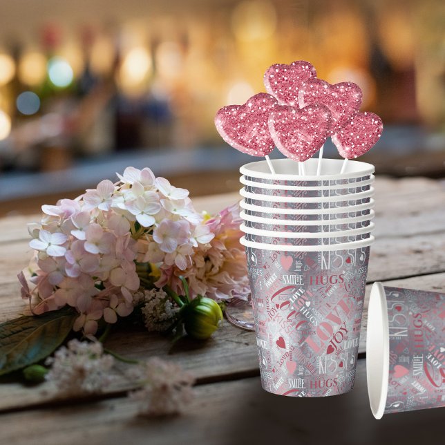 Hugs and Kisses Word Cloud Pink/Silver ID286 Pappbecher (Von Creator hochgeladen)