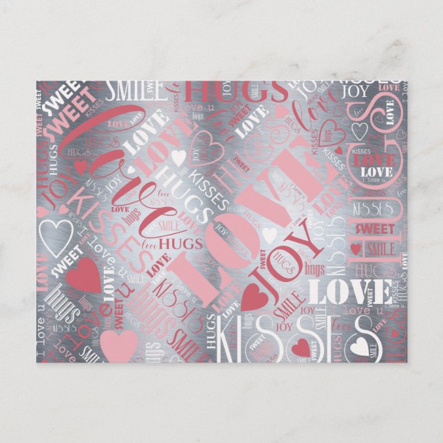 Hugs and Kisses Word Cloud Pink/Silver ID286 Postkarte (Vorderseite)