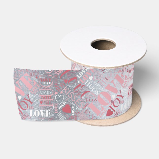 Hugs and Kisses Word Cloud Pink/Silver ID286 Satinband (Spule)
