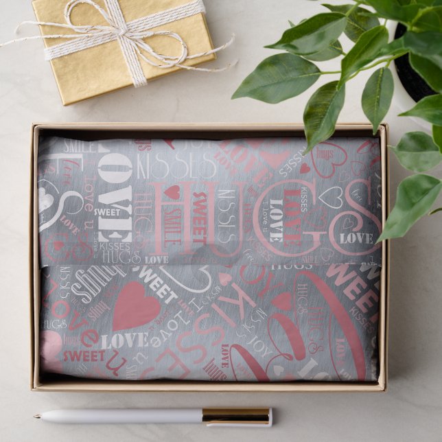 Hugs and Kisses Word Cloud Pink/Silver ID286 Seidenpapier (Geschenk)