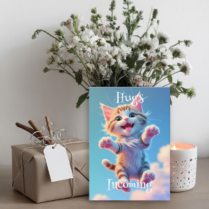 Hugs Incoming Niedlich Flying Tabby Kitten Geburts Karte