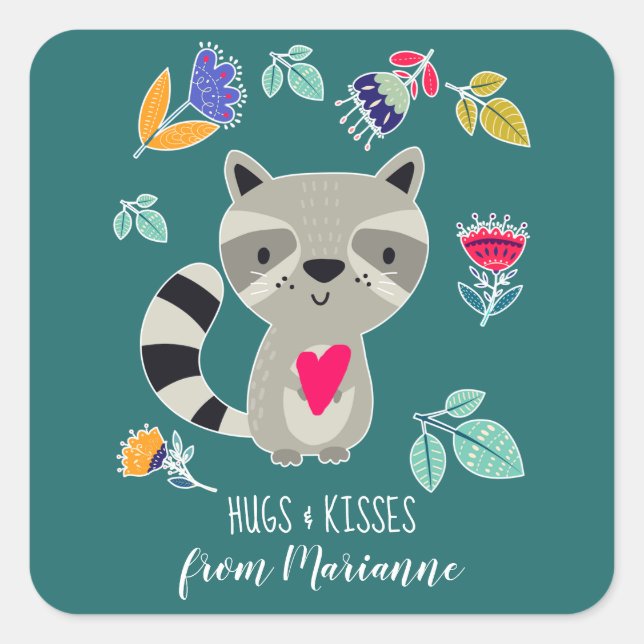Hugs & Kisses Funny Raccoon Custom Valentine's Day Quadratischer Aufkleber (Vorderseite)