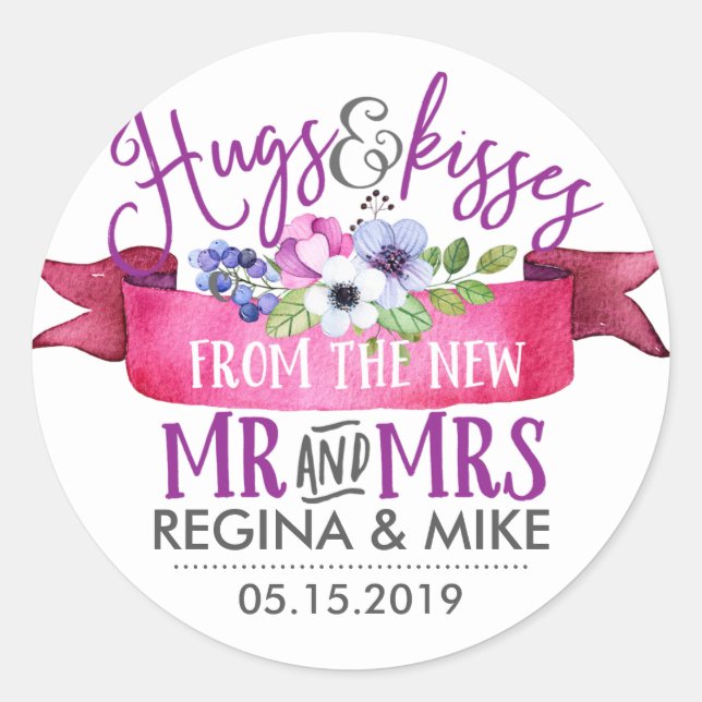 Hugs Kisses von Blume Ribbon Wedding Runder Aufkleber (Vorderseite)