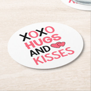 Hugs Kisses XOXO Pink Black Wedding Brautparty Runder Pappuntersetzer