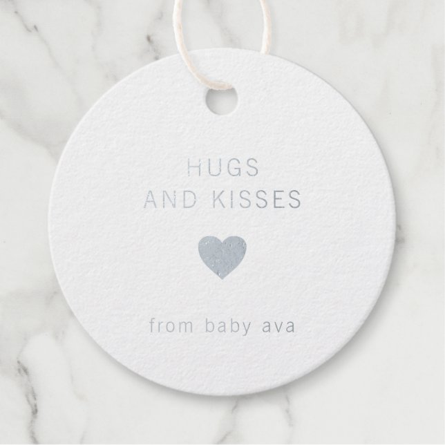 Hugs und Kisses Niedliche Silver Foil Babydusche Geschenkanhänger (Vorderseite)