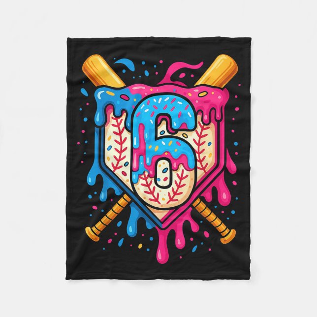 Hugvyn 6th Birthday Baseball Ice Cream Drip Number Fleecedecke (Vorderseite)