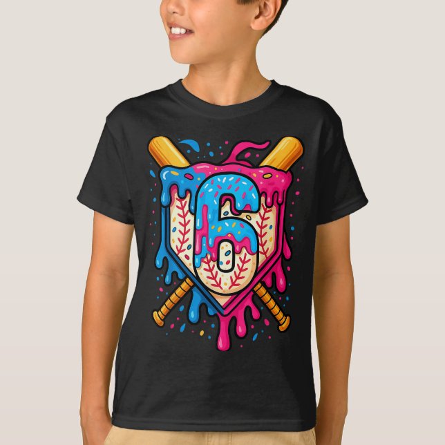 Hugvyn 6th Birthday Baseball Ice Cream Drip Number T-Shirt (Vorderseite)
