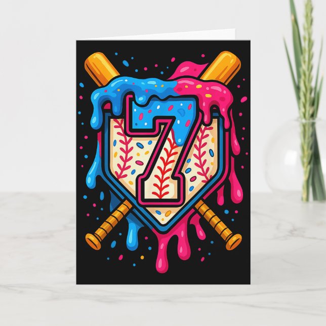 Hugvyn 7th Birthday Baseball Ice Cream Drip Number Karte (Vorderseite)
