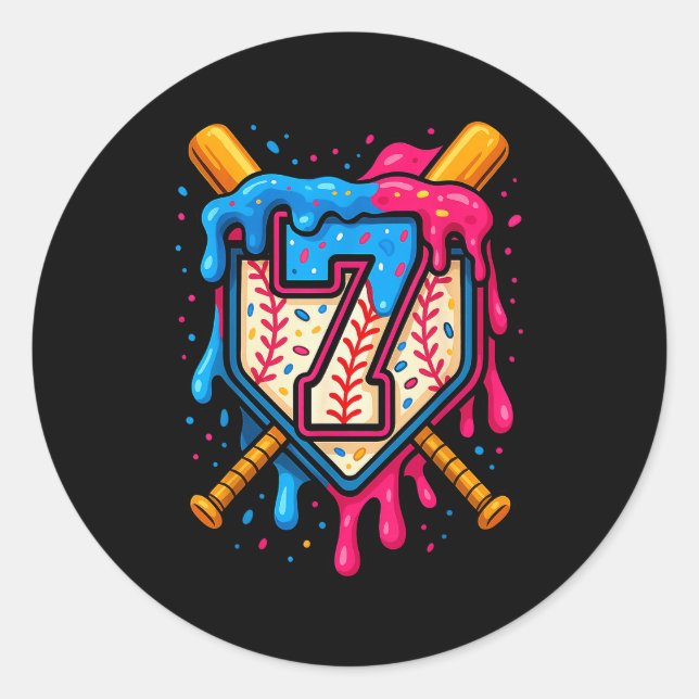 Hugvyn 7th Birthday Baseball Ice Cream Drip Number Runder Aufkleber (Vorderseite)