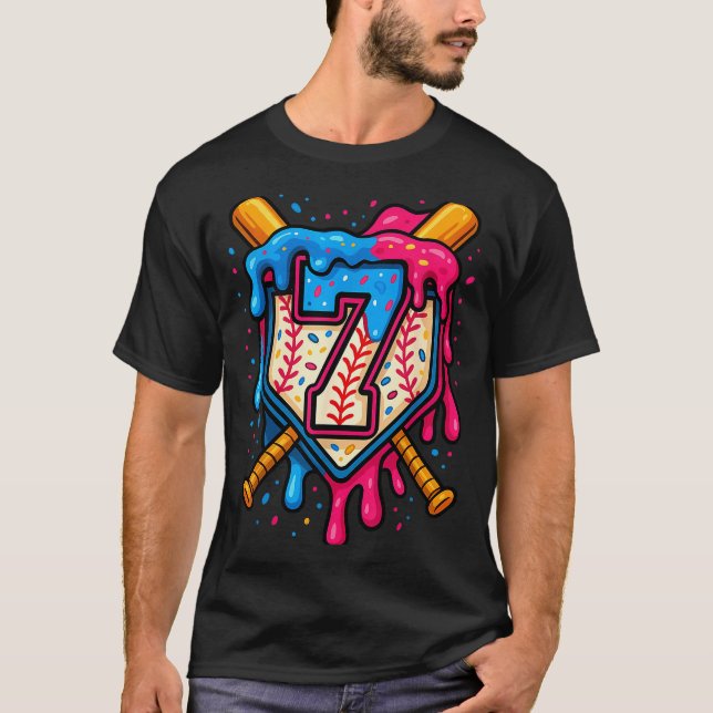 Hugvyn 7th Birthday Baseball Ice Cream Drip Number T-Shirt (Vorderseite)