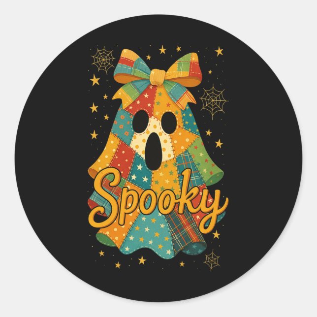 Hugvyn Halloween Patchwork Spooky Ghost Bow Preppy Runder Aufkleber (Vorderseite)