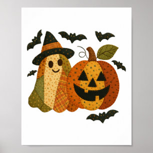 Hugvyn Halloween Preppy Patchwork Pumpkin Floral A Poster