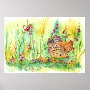 Huhn-Aquarell-Malerei-Henne-Hahn-Kunst Poster