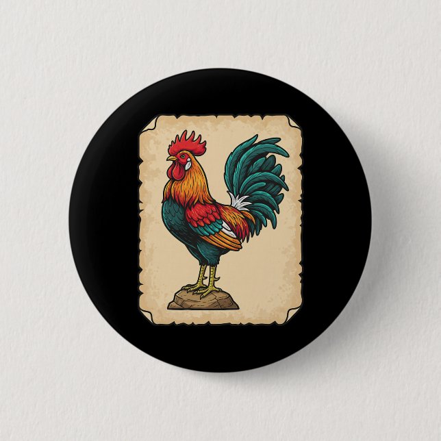 Huhn, Bunter Hahn steht hoch  Button (Vorderseite)