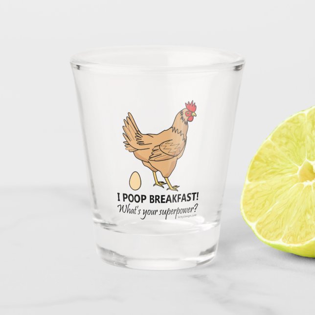 Huhn kackt Frühstücks-lustigen Entwurf Schnapsglas (Vorderseite)
