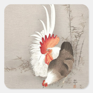 Huhn und Rooster von Ohara Koson Quadratischer Aufkleber