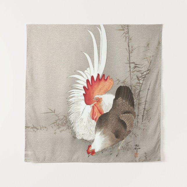 Huhn und Rooster von Ohara Koson Wandteppich (Vorderseite)