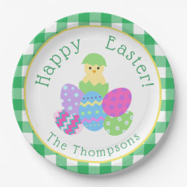 Hühnchen Färbte Eier Grüne Karos Fröhliche Ostern Pappteller