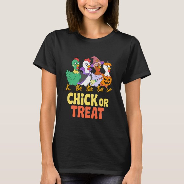 Hühnchen oder Süßigkeit Lustiges Halloween-Hühnerk T-Shirt (Vorderseite)