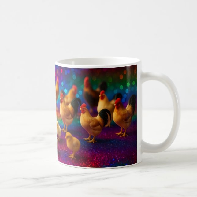 Hühner auf einem Regenbogenhintergrund   Kaffeetasse (Rechts)