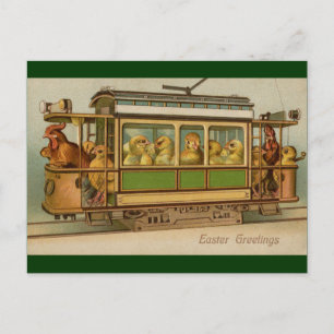 Hühner auf Straßenbahn Vintage Ostern Feiertagspostkarte
