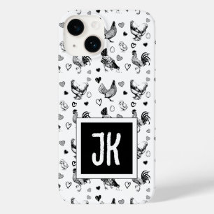 Hühner aus mit Monogramm Schwarz und Weiß, Cartoon Case-Mate iPhone 14 Hülle