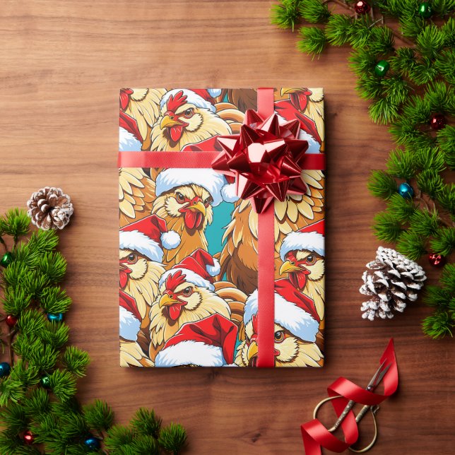 Hühner, die Hats des Weihnachtsmanns tragen Geschenkpapier (Feiertagsgeschenk)