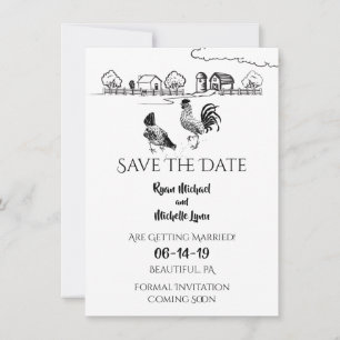 Hühner Hahn, Henne   Schwarz, Weiß Farm Hochzeit Save The Date