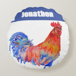 Hühner Hahn Vogel Kinder Jungen Name Blau Rot Rundes Kissen