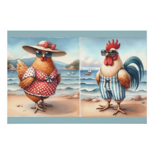 Hühner in Badeanzügen am Meer Poster