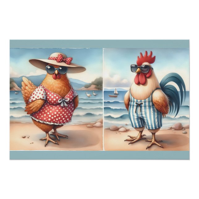 Hühner in Badeanzügen am Meer Poster (Vorderseite)
