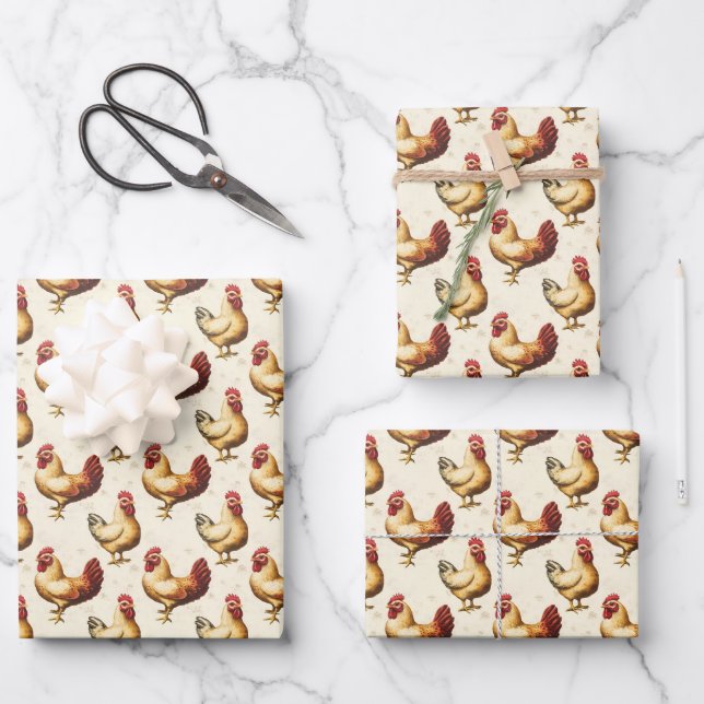 Hühner in Elfenbein Geschenkpapier Set (Vorderseite)