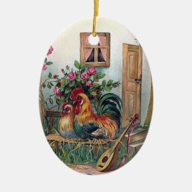 Hühner mit Dichtungskitt-und Ei-Haus Keramikornament (Vorne)