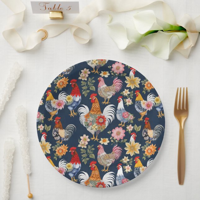 Hühner mit niedlichem Denim-Tragen von Collage Pappteller (Hochzeit)