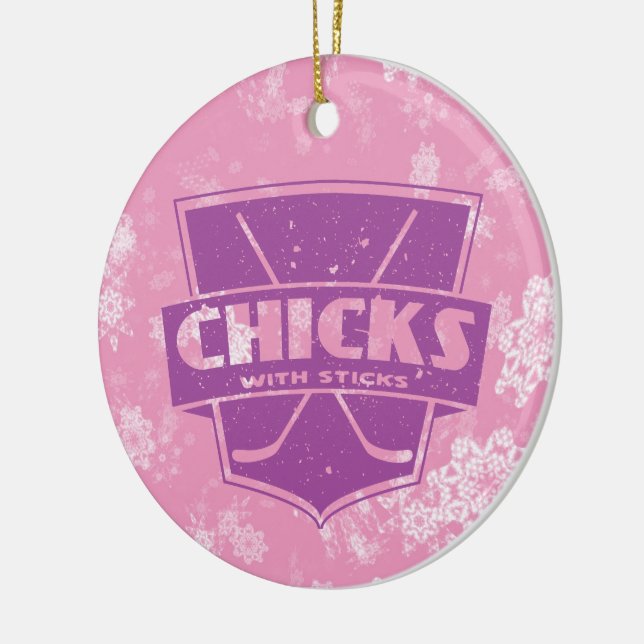 Hühner mit Sticks Hockey Weihnachtsdekoration Keramik Ornament (Links)