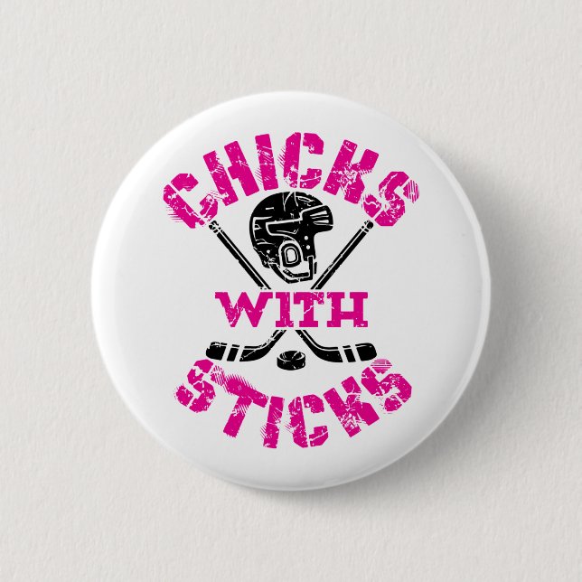 Hühner mit Sticks Hockey Women Girls Button (Vorderseite)